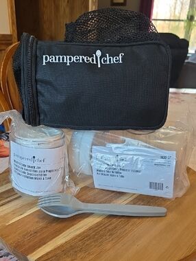 Pampered Chef Black Lunch Bag with Gray Utensil Set